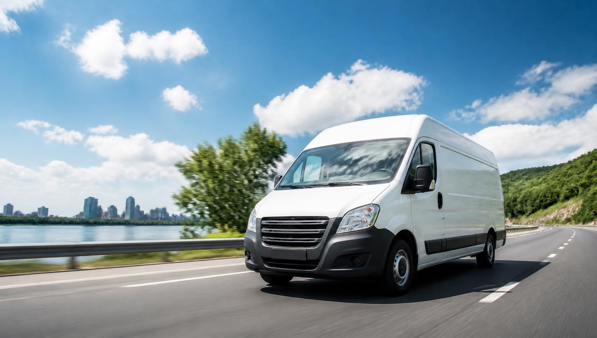 CLW Courier white delivery van driving on a sunny highway